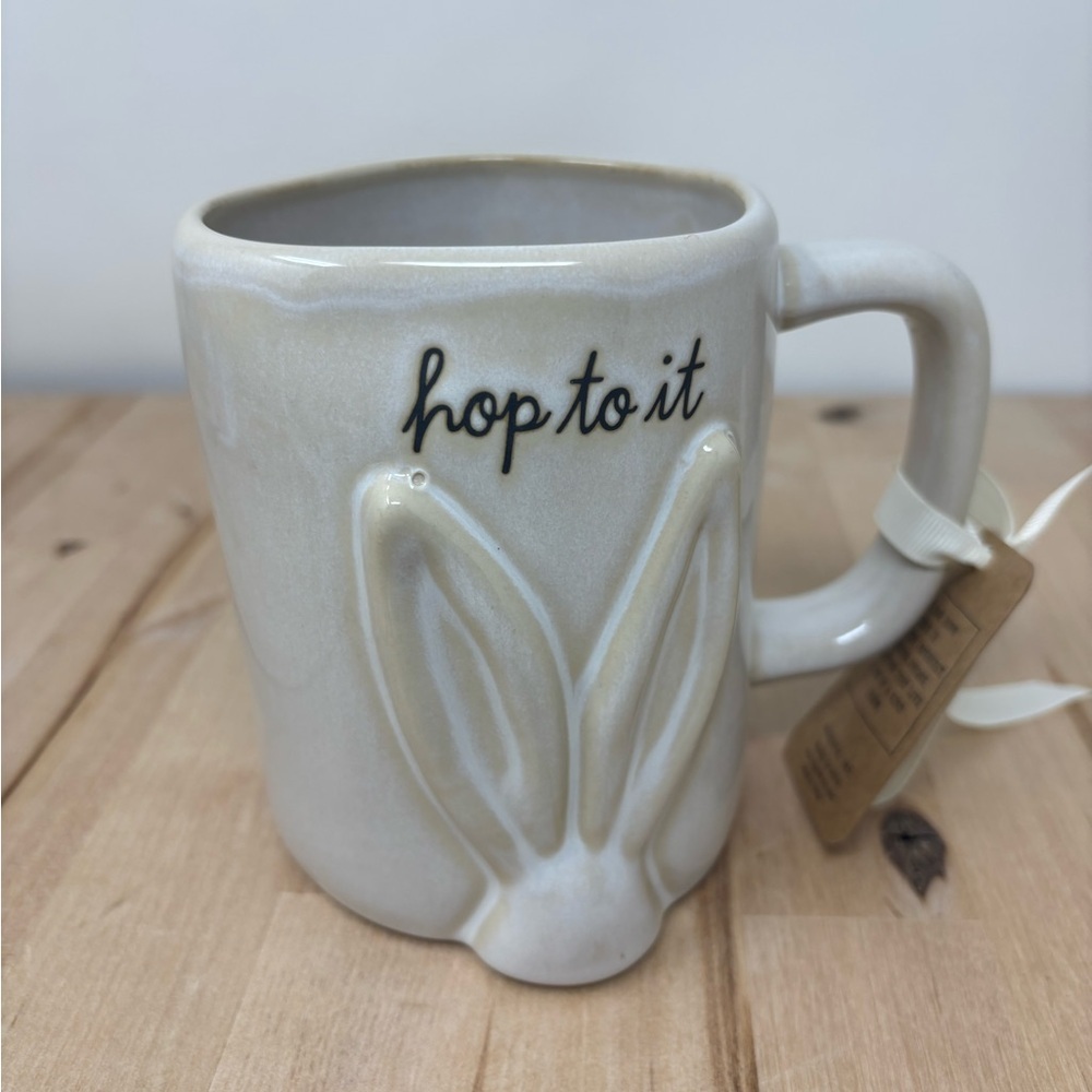 Rae Dunn HOP TO IT Easter Mug White Ceramic with Raised Bunny Ears New